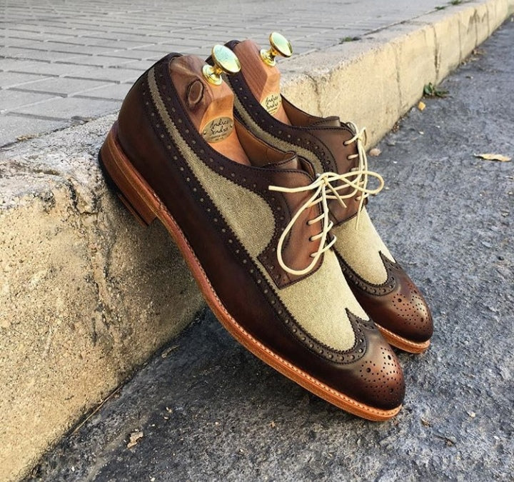 Handmade Men’s Brown Beige Wingtip Brogue Leather Suede Shoes, Men Leather Suede Lace Up Shoes