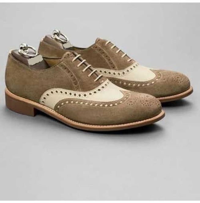 Mens Brown Beige Two Tone Suede Fashion Shoes, Men’s Wingtip Brogue Lace Up Shoes