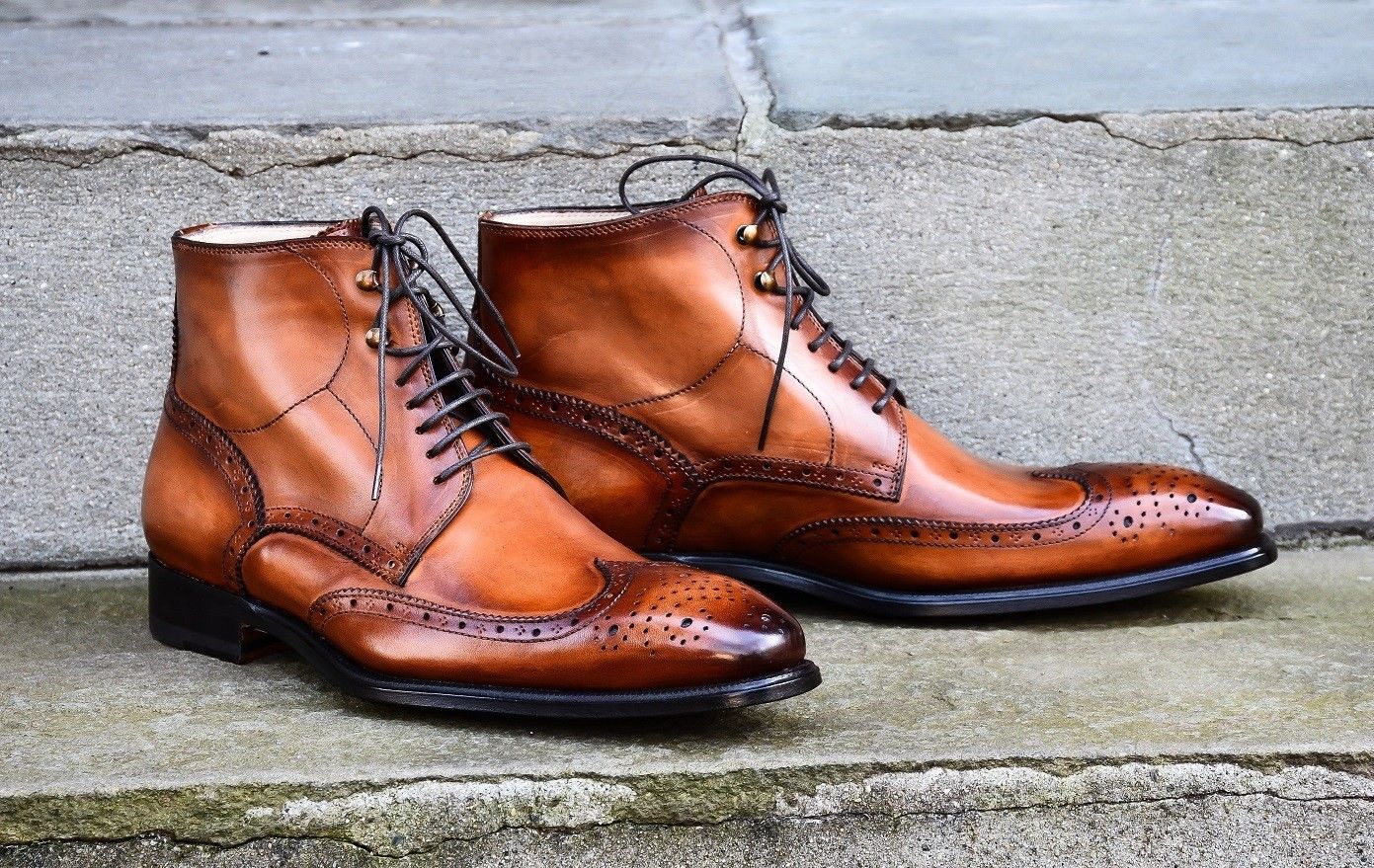 Handmade Designer Brown Color Leather Wingtip Brogue Lace Up Boots, Men Beautiful Leather Boots