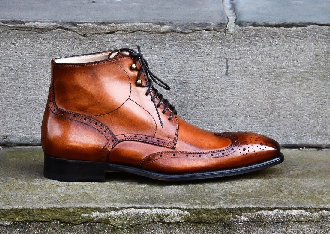 Handmade Designer Brown Color Leather Wingtip Brogue Lace Up Boots, Men Beautiful Leather Boots