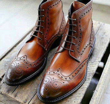 New Men's Handmade Brown Ankle High Leather Boots, Men Wing Tip Brogue Lace Up Boots