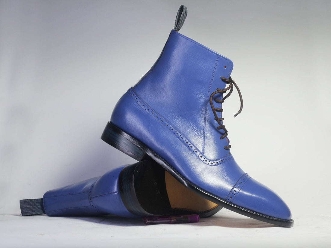 New Handmade Men's Blue Color Ankle High Boots, Men Dress Leather Cap Toe Boots