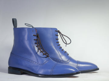 New Handmade Men's Blue Color Ankle High Boots, Men Dress Leather Cap Toe Boots