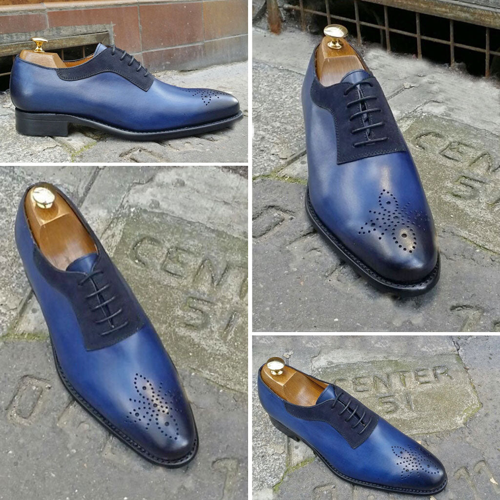 Mens Handmade Blue Color Leather Suede Brogue Toe Formal Dressing Shoes