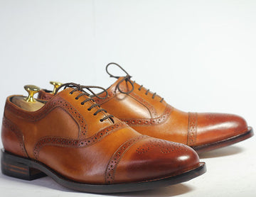 New Handmade Men's Tan Cap Toe Brogue Leather Shoes, Men Lace Up Dress Formal Shoes