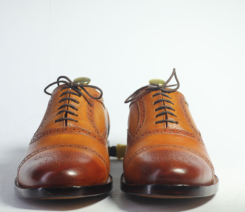 New Handmade Men's Tan Cap Toe Brogue Leather Shoes, Men Lace Up Dress Formal Shoes