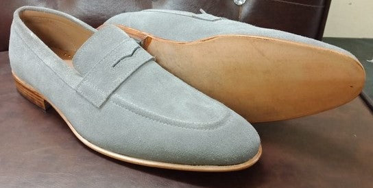 New Handmade Men's Gray Color Suede Dress Shoes, Men Gray Suede Moccasin Loafers