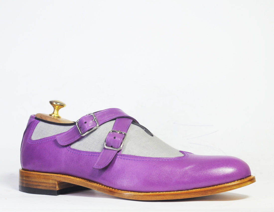 New Handmade Men’s Purple Gray Double Monk Strap Shoes, Men Leather &amp; Denim Shoes