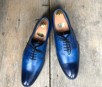 Mens Handmade Blue Color Leather Stylish Brogue Shoes, Men Fashion Shoes