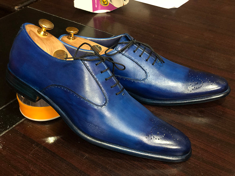 Mens Handmade Blue Color Leather Stylish Brogue Shoes, Men Fashion Shoes