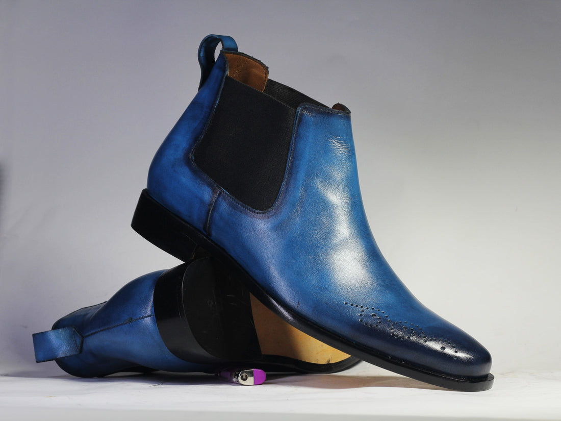 Mens Handmade Blue Chelsea Leather Boots, Mens Hand painted Designer Boots