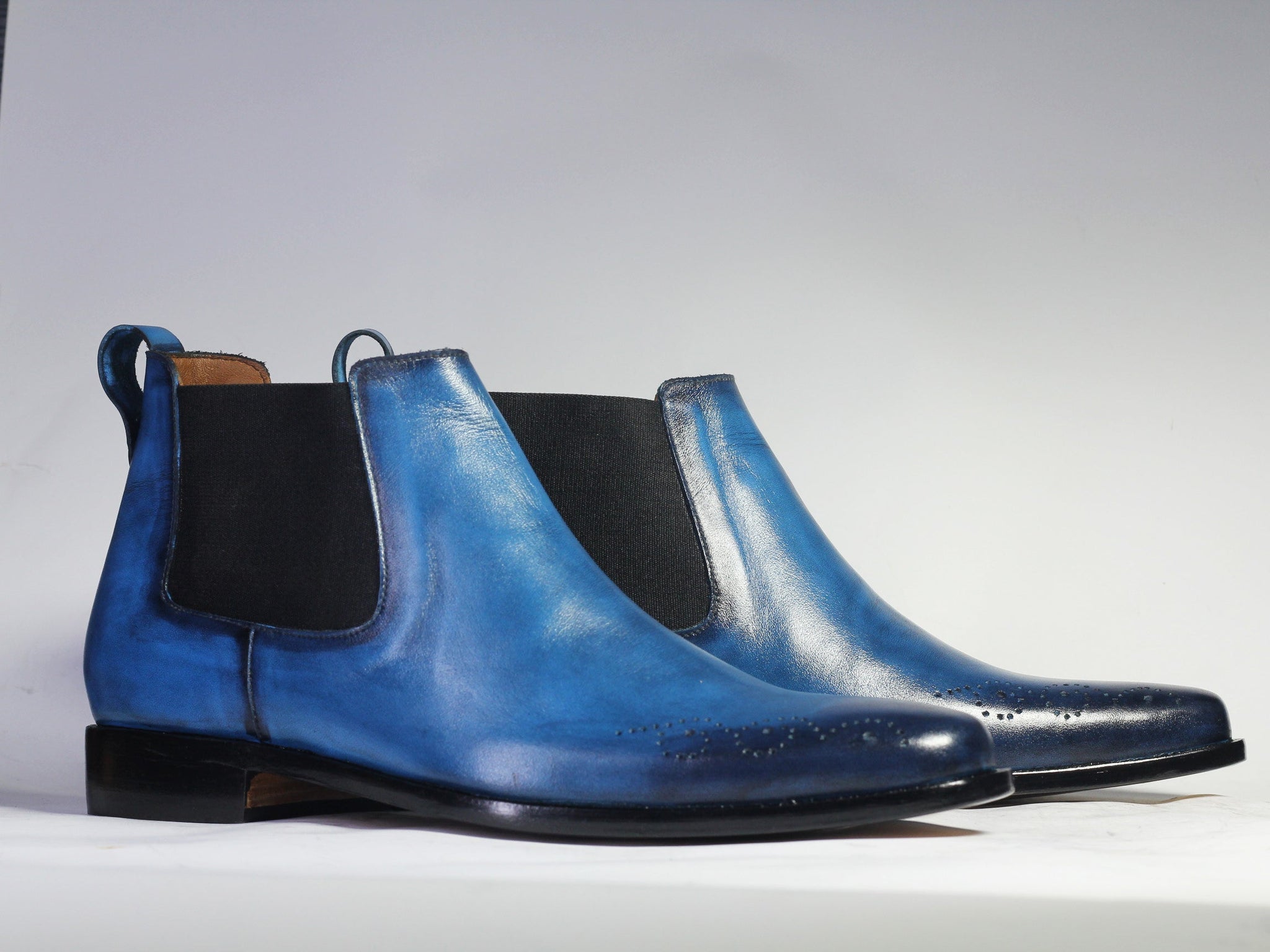 Mens Handmade Blue Chelsea Leather Boots, Mens Hand painted Designer Boots