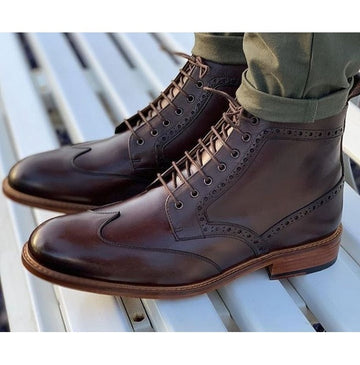 Men’s Handmade Brown Color Leather Lace Up Boots, Men Ankle High Wingtip Brogue Fashion Designer Boots