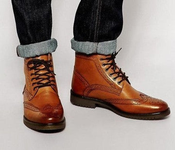 Mens Handmade Tan Color Brogue Wingtip Designer Boots, Men Ankle High Boots