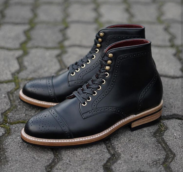 New Handmade Men’s Ankle High Leather Boots, Men’s Black Cap Toe Brogue Lace Up Boots