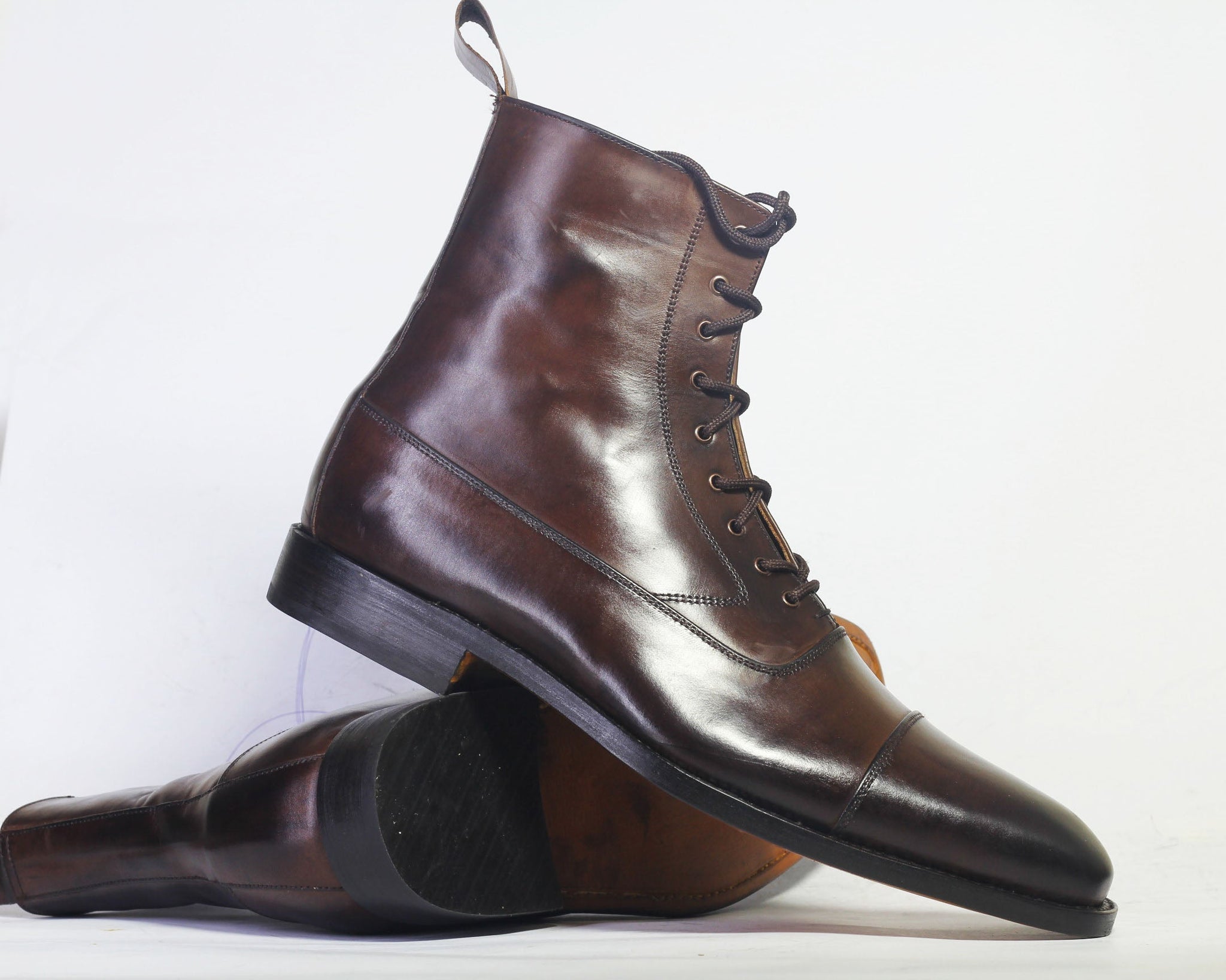 Handmade Men’s Formal Brown Color Ankle High Boots, Mens Cap Toe Leather Lace Up Boots