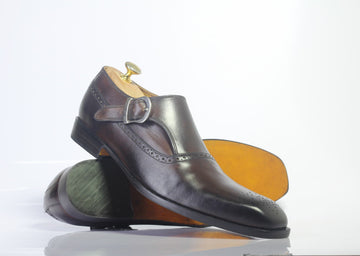 Men Handmade Stylish Brown Color Leather Shoes, Mens Monk Strap Leather Shoes