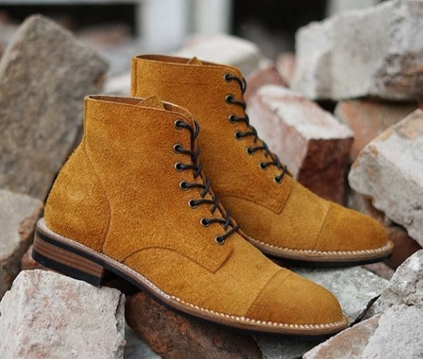 Mens Handmade Brown Suede Cap Toe Designer Boots, Mens Lavish Boots