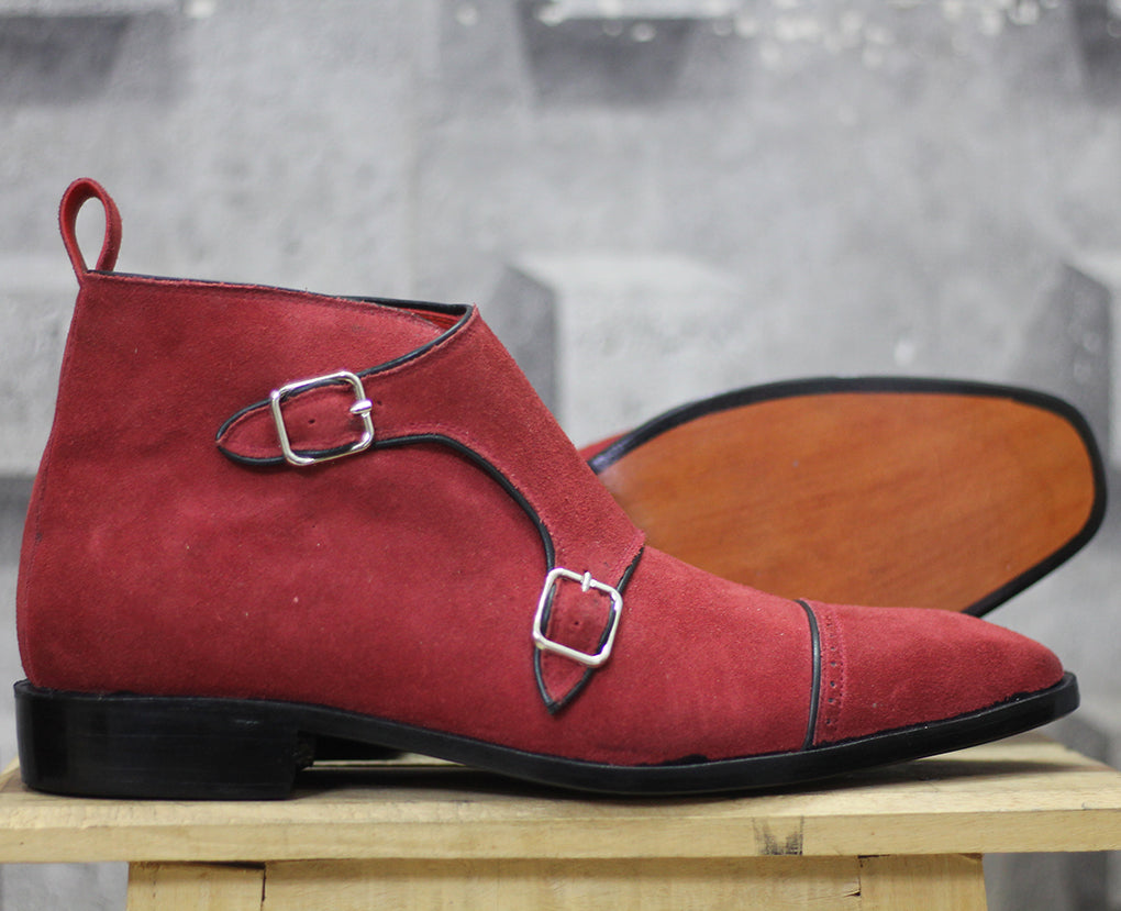 Mens Handmade Maroon Suede Boots, Men’s Cap Toe Monk Strap Leather Suede Boots