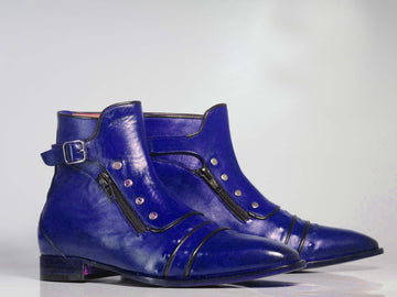 Men’s Handmade Purple Color Ankle High Cap Toe Boots, Mens Zipper Buckle Style Boots