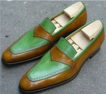 New Handmade Men’s Leather Loafers Shoes, Men Green Brown Color Slip On Shoes