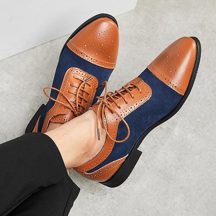 New Handmade Men’s Leather Suede Shoes, Men Tan Navy Blue Cap Toe Brogue Dress Shoes