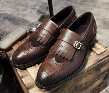 New Handmade Men’s Leather Suede Monk Strap Shoes, Men Brown Wing Tip Brogue Fringe Shoes