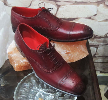 New Handmade Men’s Leather Lace Up Shoes, Men’s Burgundy Cap Toe Brogue Dress Shoes