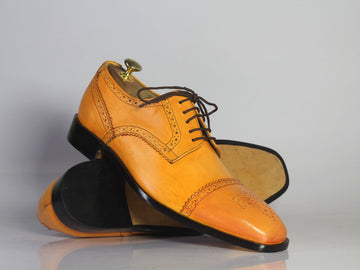 New Handmade Men's Tan Leather Shoes, Men Lace Up Dress Cap Toe Brogue Dress Shoes