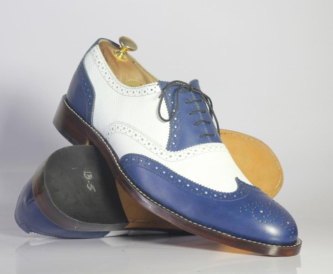 Handmade Men’s Formal Two Tone Wingtip Brogue Leather Shoes, Mens Blue White Pebbled Leather Shoes