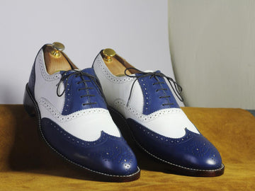 Handmade Men’s Formal Two Tone Wingtip Brogue Leather Shoes, Mens Blue White Pebbled Leather Shoes