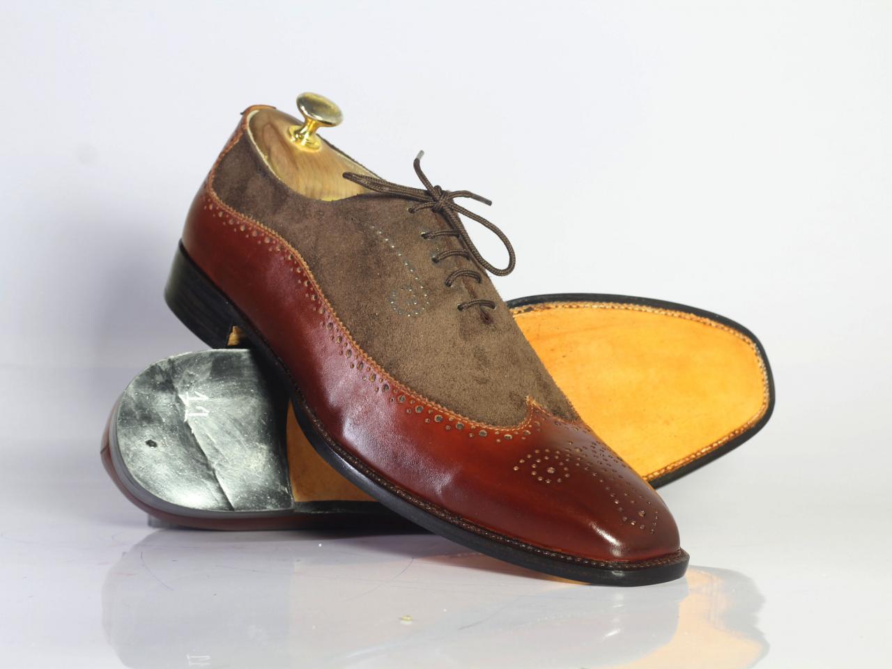 Men’s Beautiful Handmade Brow Color Leather Suede Wingtip Brogue Shoes, Mens Lavish Lace Up Shoes