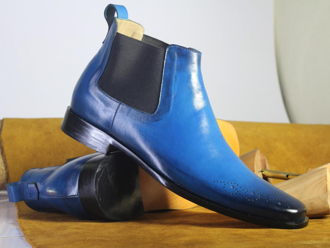 Mens Handmade Half Ankle Blue Color Leather Boots, Men Chelsea Leather Fashion Boots