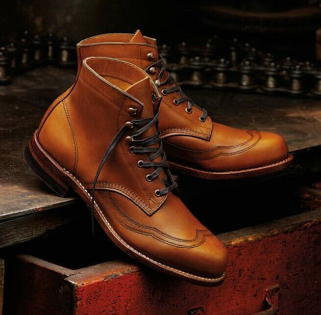 Men’s Handmade Formal Tan Color Ankle High Boots, Mens Designer Wingtip Brogue Boots