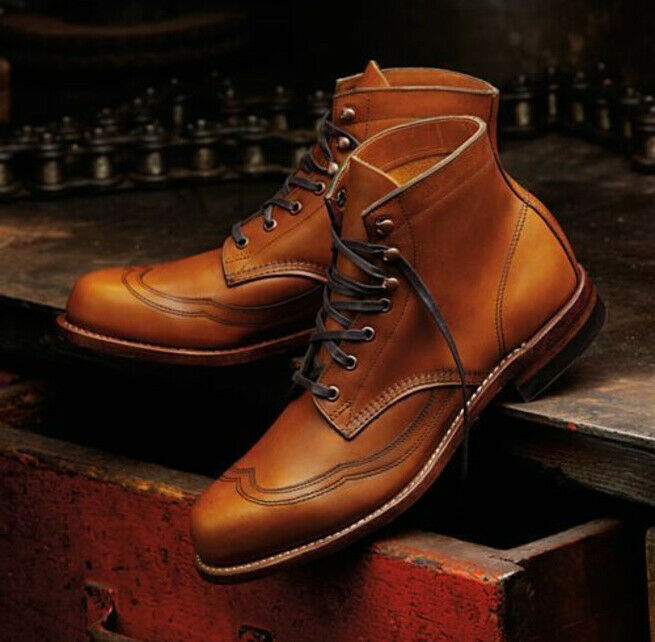 Men’s Handmade Formal Tan Color Ankle High Boots, Mens Designer Wingtip Brogue Boots