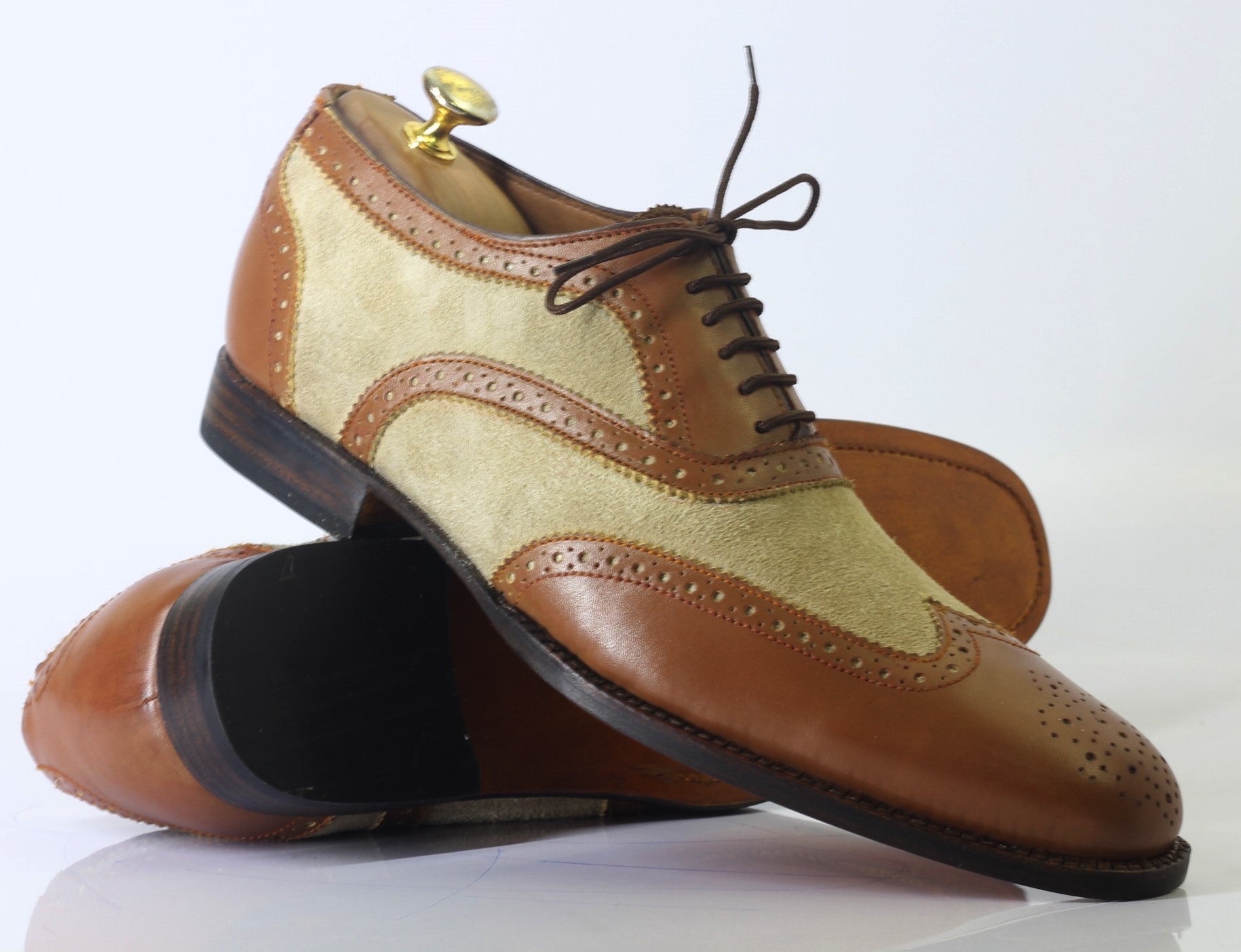 Mens Handmade Brown Beige Wingtip Brogue Formal Shoes, Men’s Leather Suede Lace Up Shoes