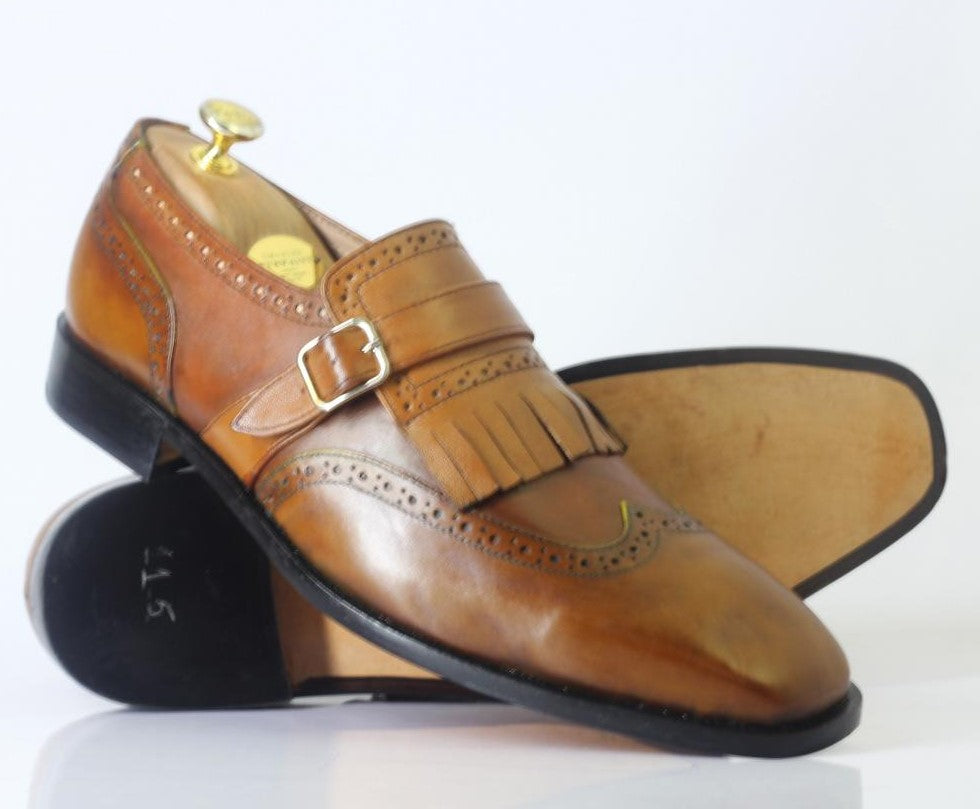 New Handmade Men's Brown Fringe Monk Straps Leather Shoes, Men Wing Tip Dress Shoes