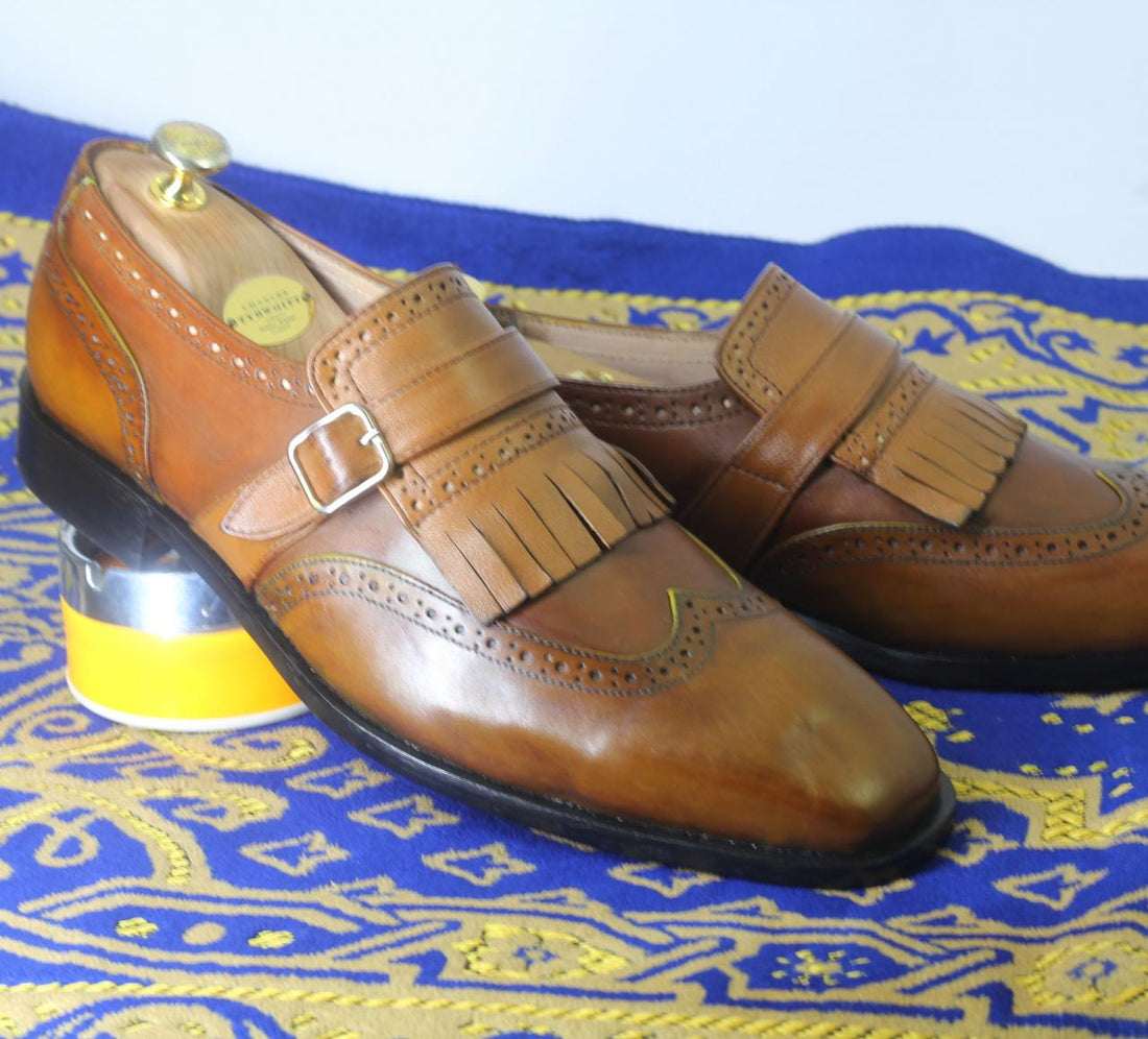 New Handmade Men's Brown Fringe Monk Straps Leather Shoes, Men Wing Tip Dress Shoes