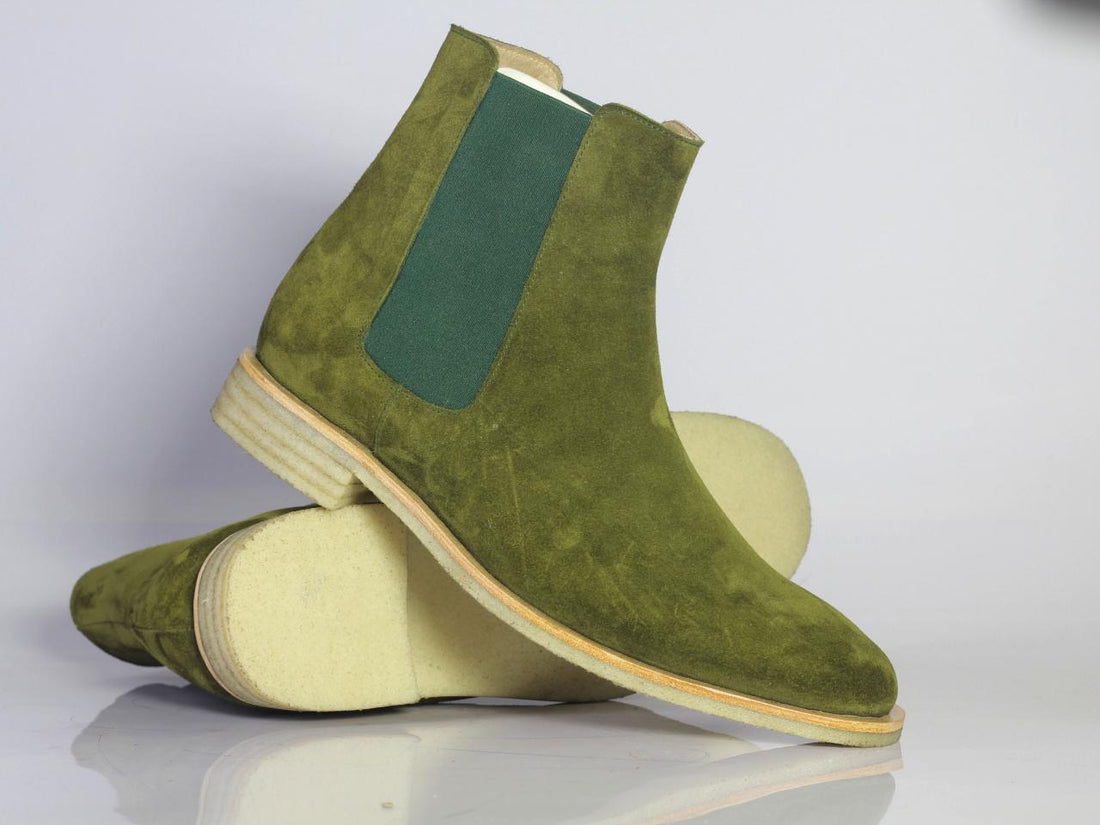 Men’s Handmade Olive Green Stylish Suede Boots, Mens Designer Chelsea Boots