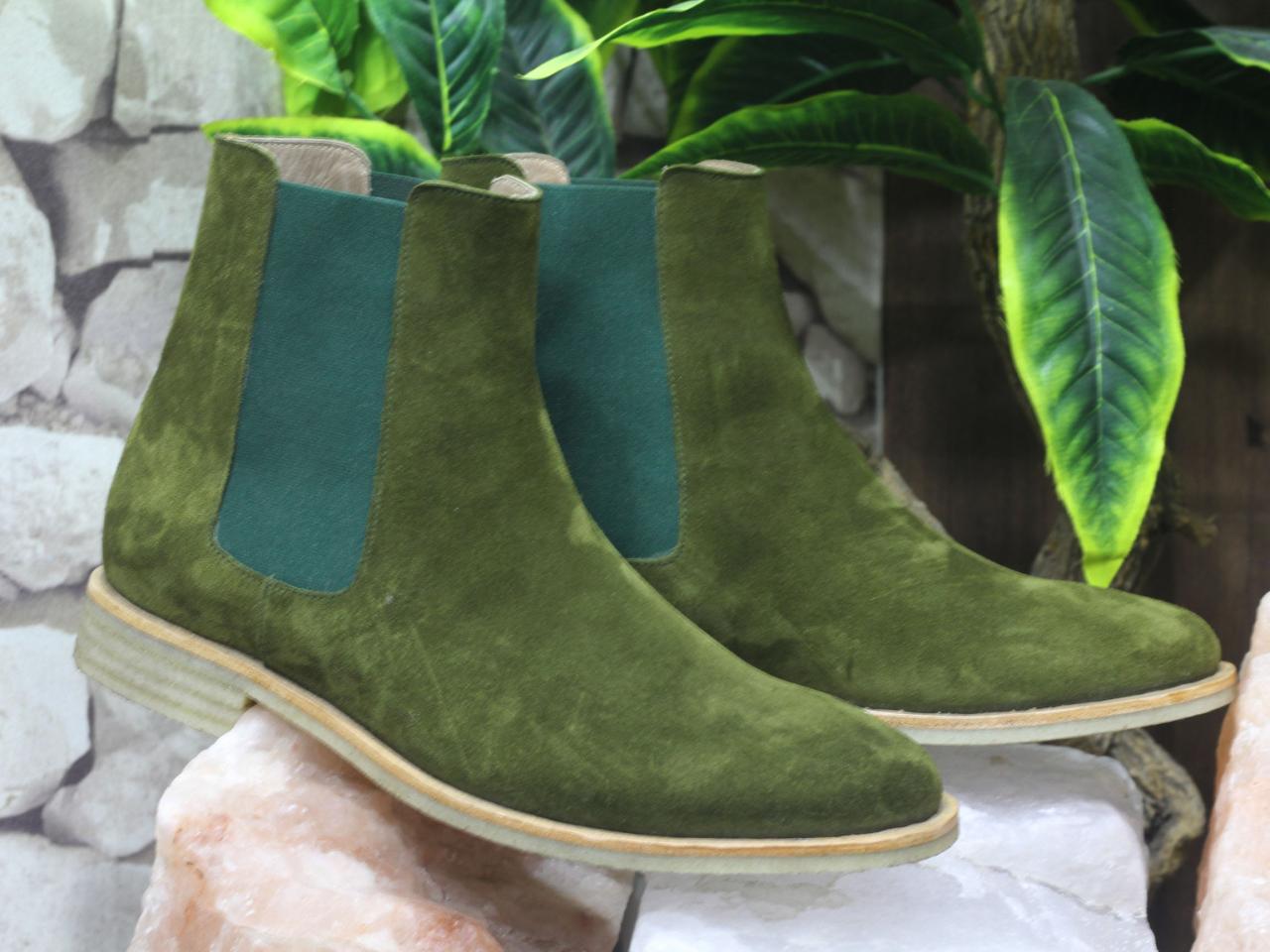 Men’s Handmade Olive Green Stylish Suede Boots, Mens Designer Chelsea Boots