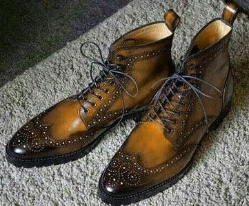 Men’s Handmade Wingtip Brogue Ankle High Elegant Boots, Men’s Lavish Designer Brown Color Boots