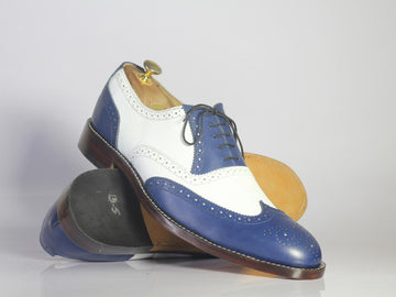 Handmade Men Blue White Wing Tip Brogue Shoes, Men Leather Lace Up Dress Shoes