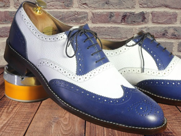 Handmade Men Blue White Wing Tip Brogue Shoes, Men Leather Lace Up Dress Shoes