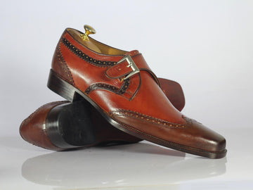 Mens Handmade Brown Leather Monk Strap Formal Dressing Shoes, Men Formal Dressing Wingtip Shoes