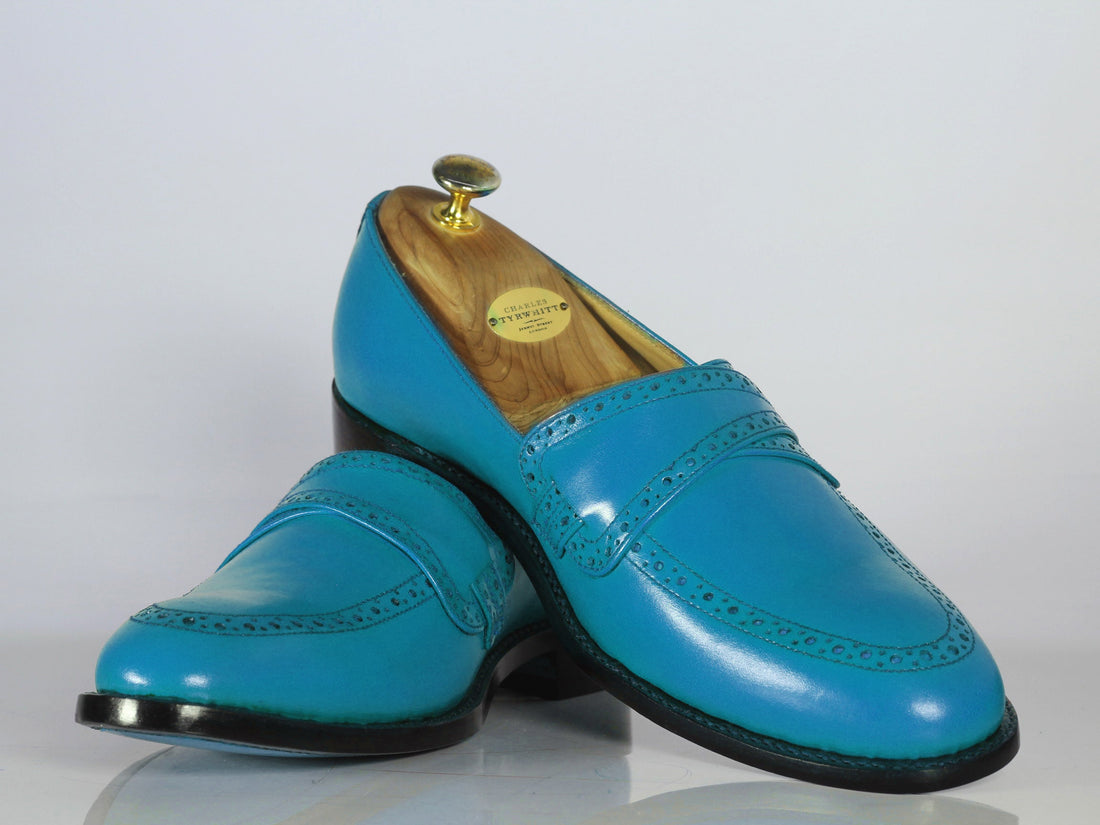 Mens Handmade Blue Leather Shoes, Men Casual Loafer Style Leather Shoes