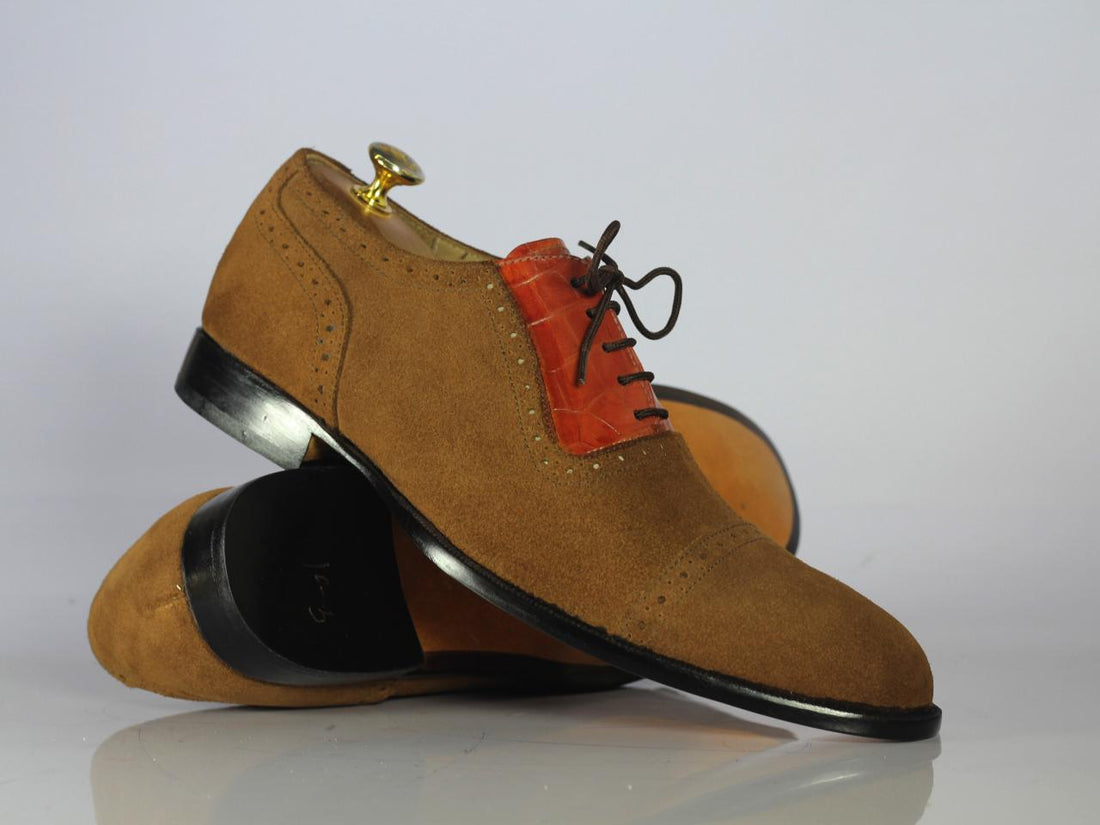 New Handmade Men's Tan Brown Alligator Leather Suede Shoes, Men Cap Toe Lace Up Shoe