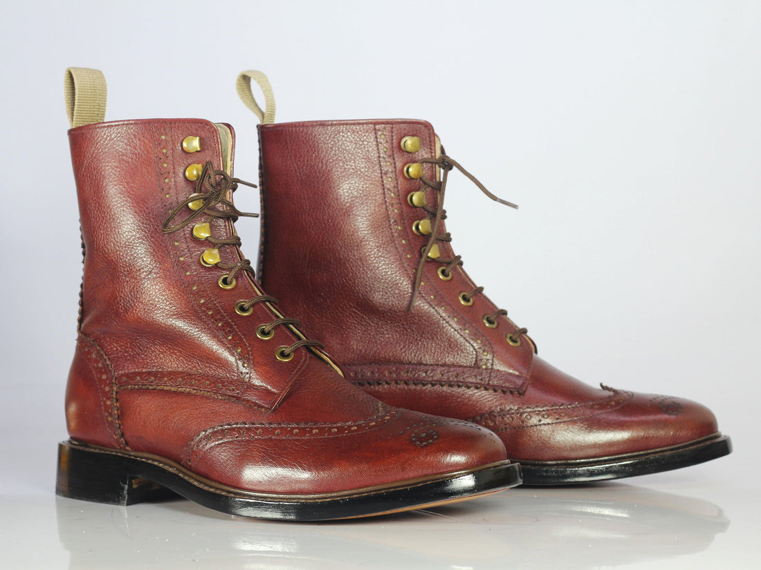 Handmade Men’s Burgundy Color Wingtip Brogue Leather Boots, Mens Pebbled Leather Ankle High Boots