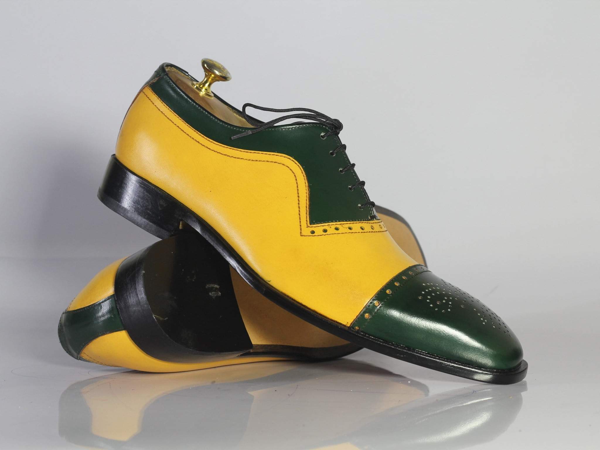 New Handmade Men's Leather Lace Up Shoes, Men Yellow Green Cap Toe Dress Formal Shoes