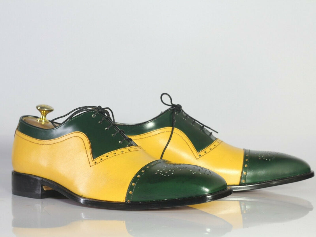 New Handmade Men's Leather Lace Up Shoes, Men Yellow Green Cap Toe Dress Formal Shoes