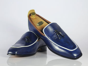 Mens’s Handmade Blue Color Leather Casual Shoes, Men Tassel Loafer Shoes